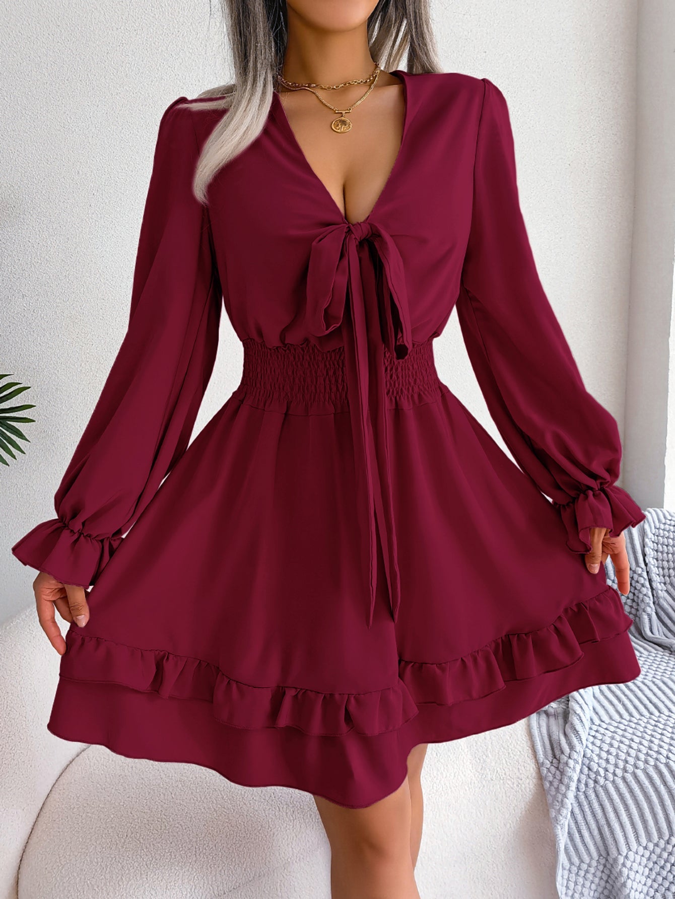The Ruffle Tie Dress – Women's Flowy Ruffle-Trim Tie-Waist Dress - Undefyning Lynes