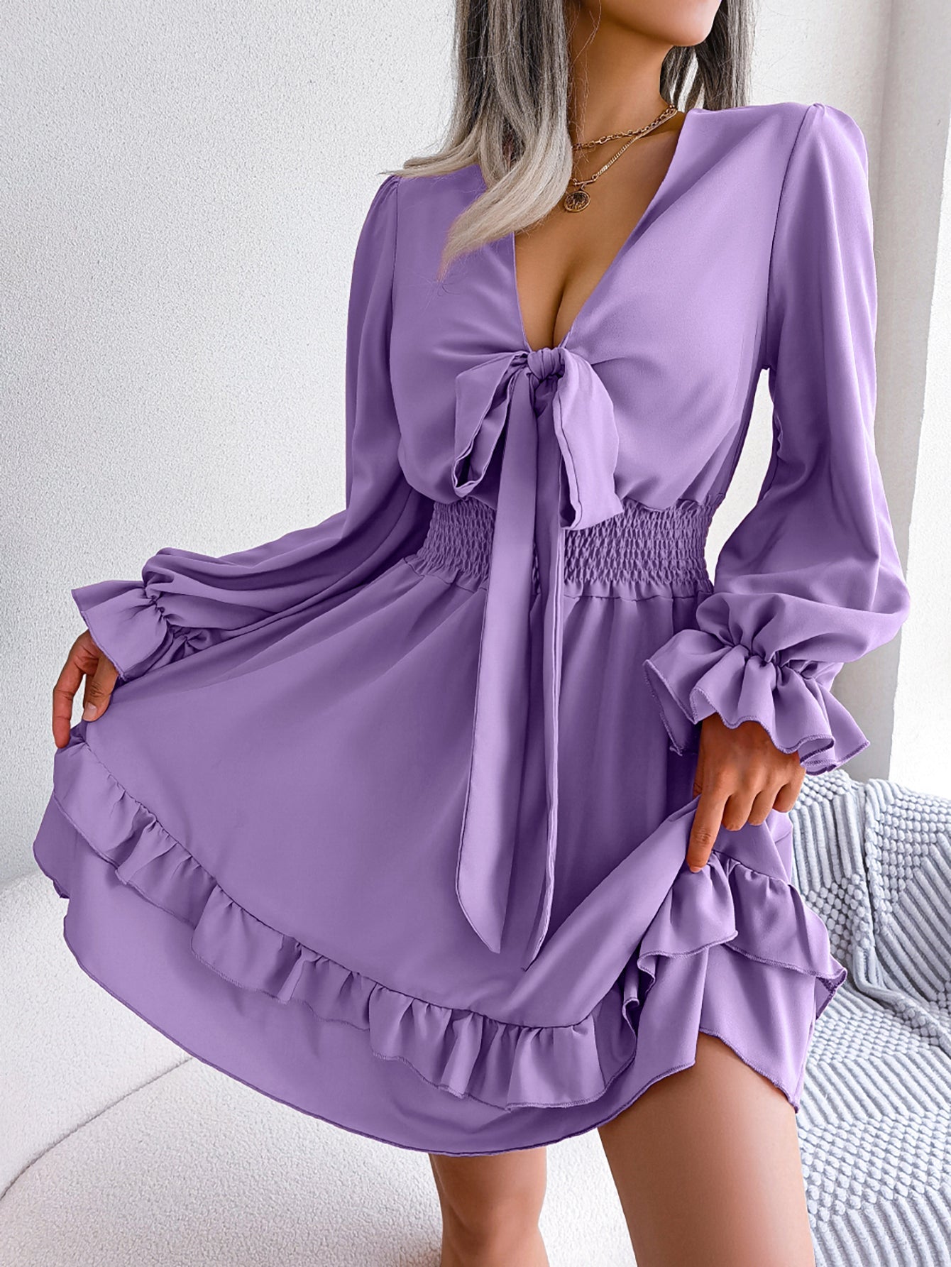 The Ruffle Tie Dress – Women's Flowy Ruffle-Trim Tie-Waist Dress - Undefyning Lynes
