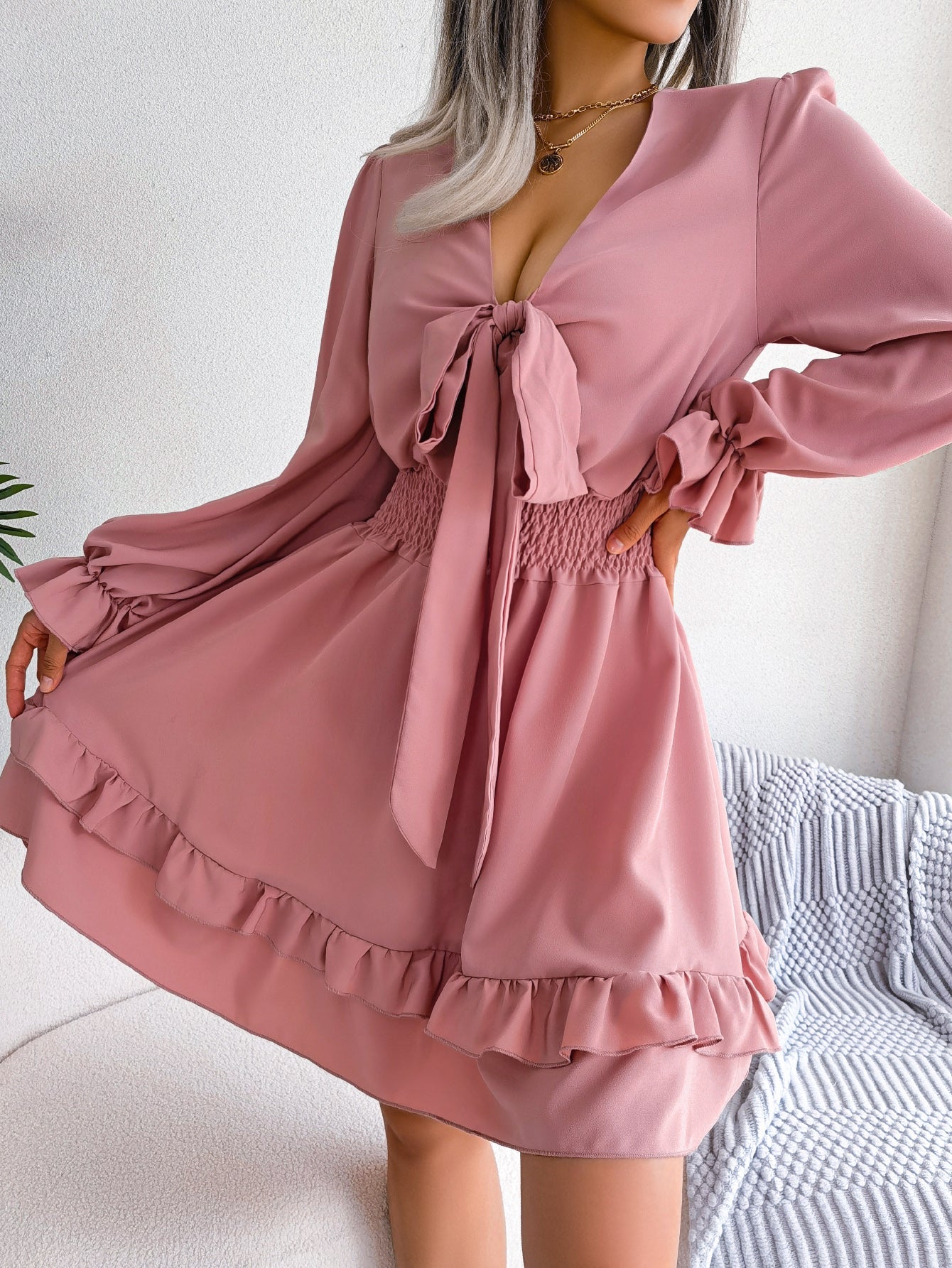 The Ruffle Tie Dress – Women's Flowy Ruffle-Trim Tie-Waist Dress - Undefyning Lynes