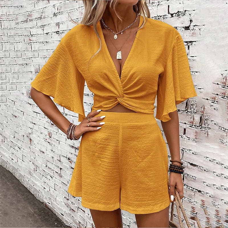 The RuffleLounge Set – Women's V-Neck Ruffle Sleeve Top & Shorts Two-Piece - Undefyning Lynes