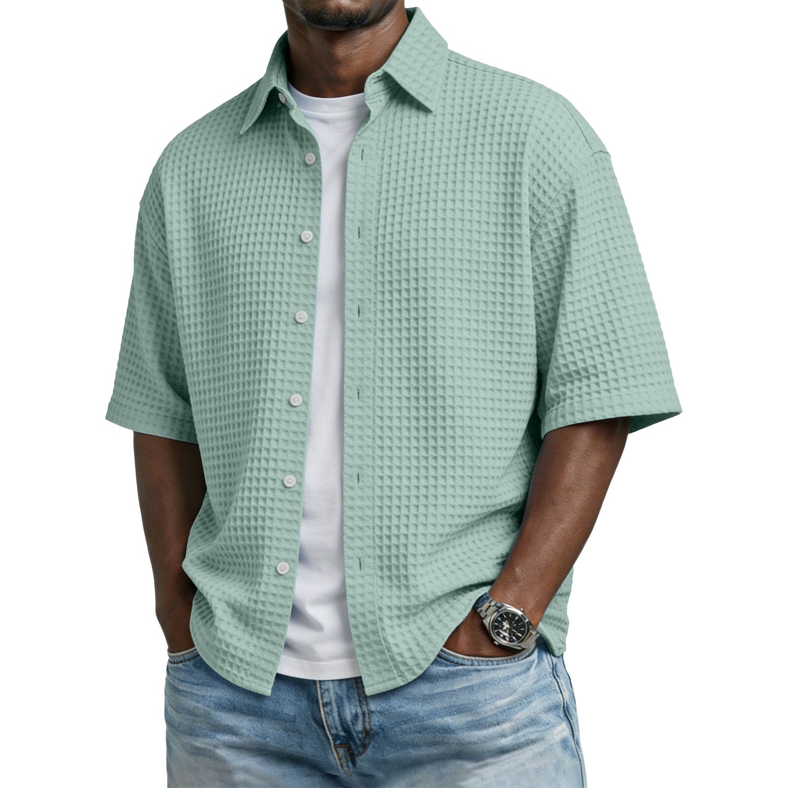 The Waffle Polo – Men's Lapel Collar Waffle-Weave Short Sleeve Shirt - Undefyning Lynes