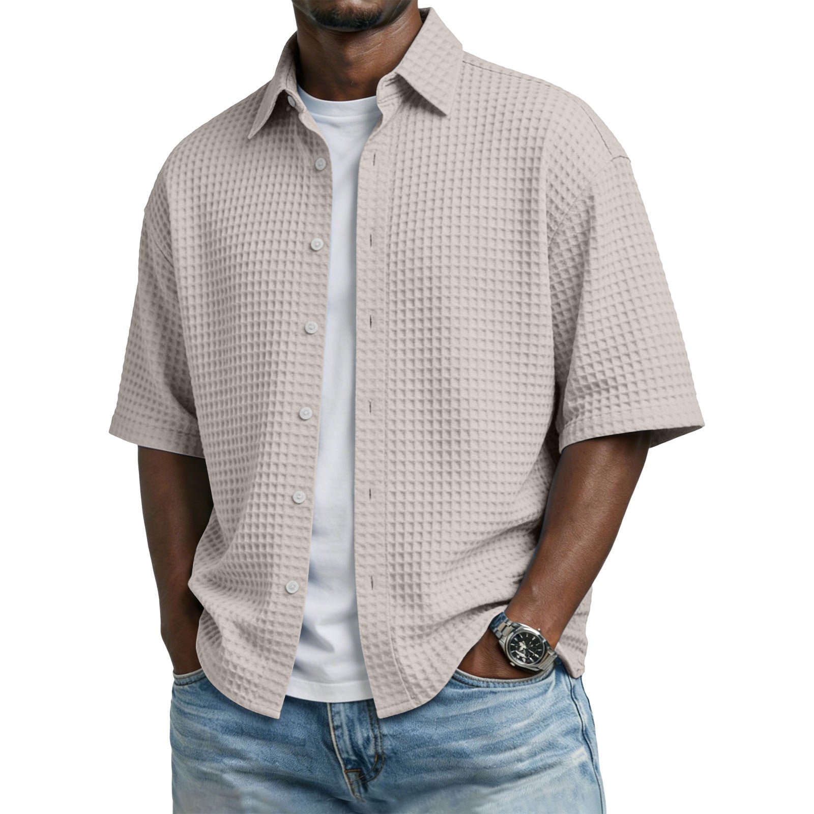 The Waffle Polo – Men's Lapel Collar Waffle-Weave Short Sleeve Shirt - Undefyning Lynes