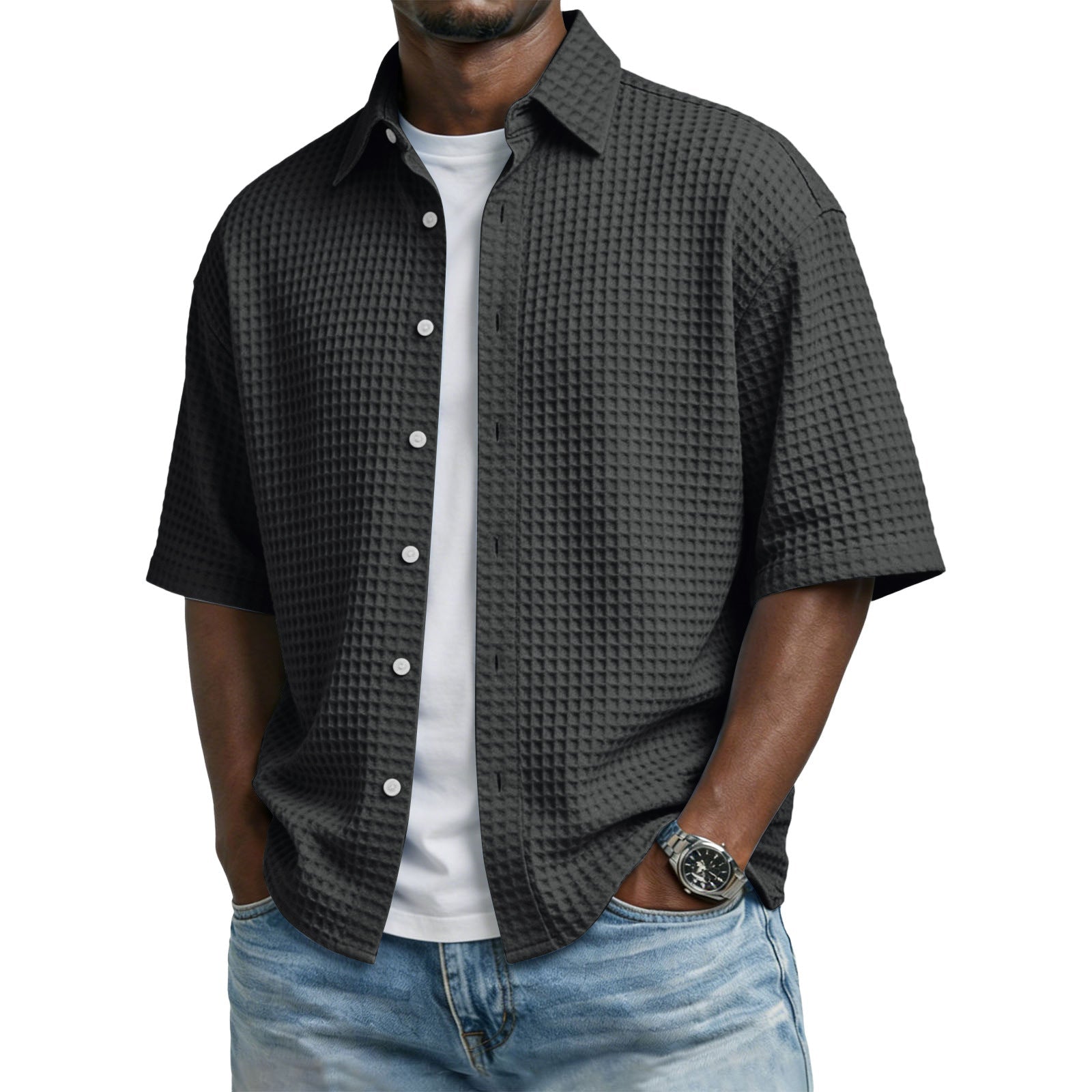 The Waffle Polo – Men's Lapel Collar Waffle-Weave Short Sleeve Shirt - Undefyning Lynes