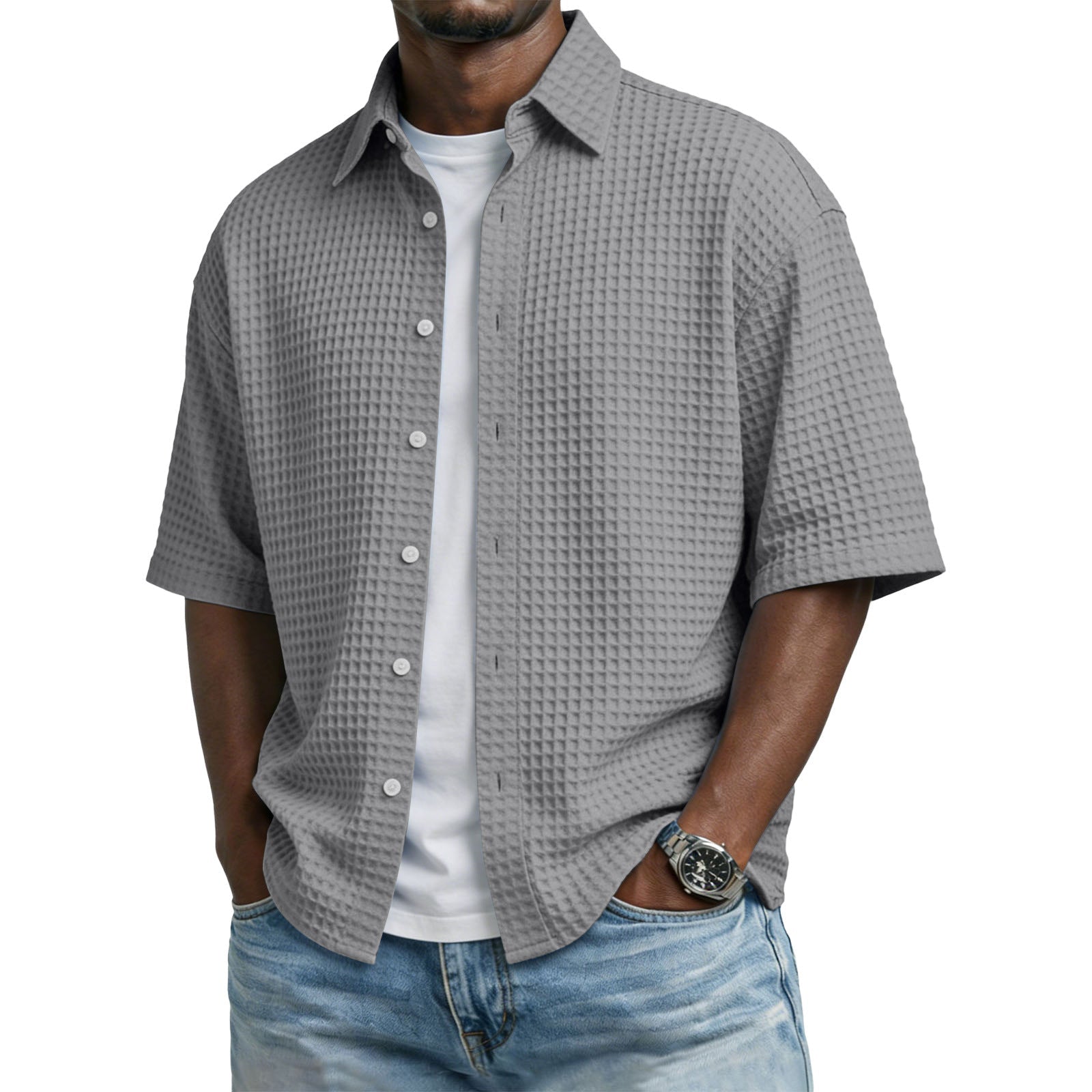The Waffle Polo – Men's Lapel Collar Waffle-Weave Short Sleeve Shirt - Undefyning Lynes