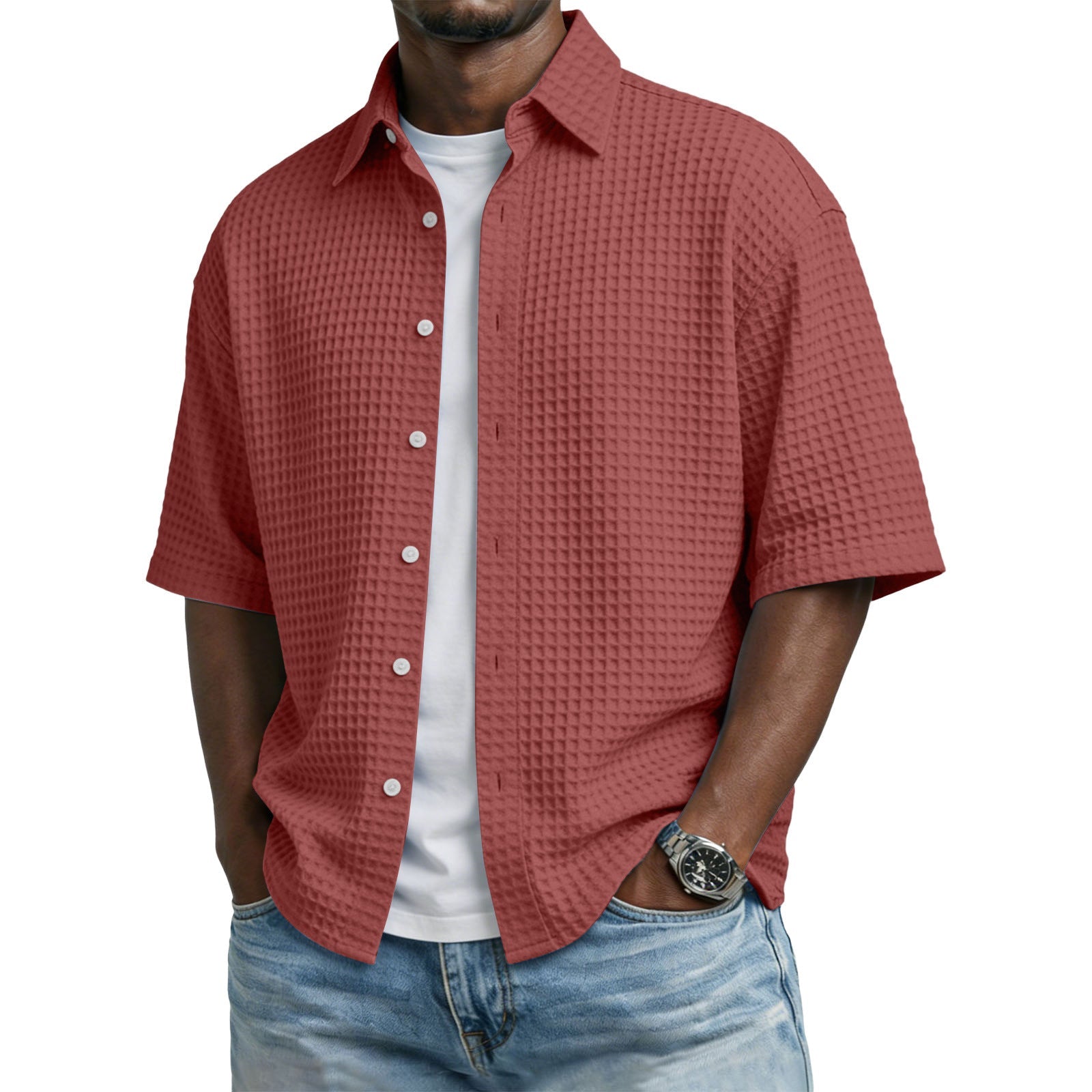 The Waffle Polo – Men's Lapel Collar Waffle-Weave Short Sleeve Shirt - Undefyning Lynes