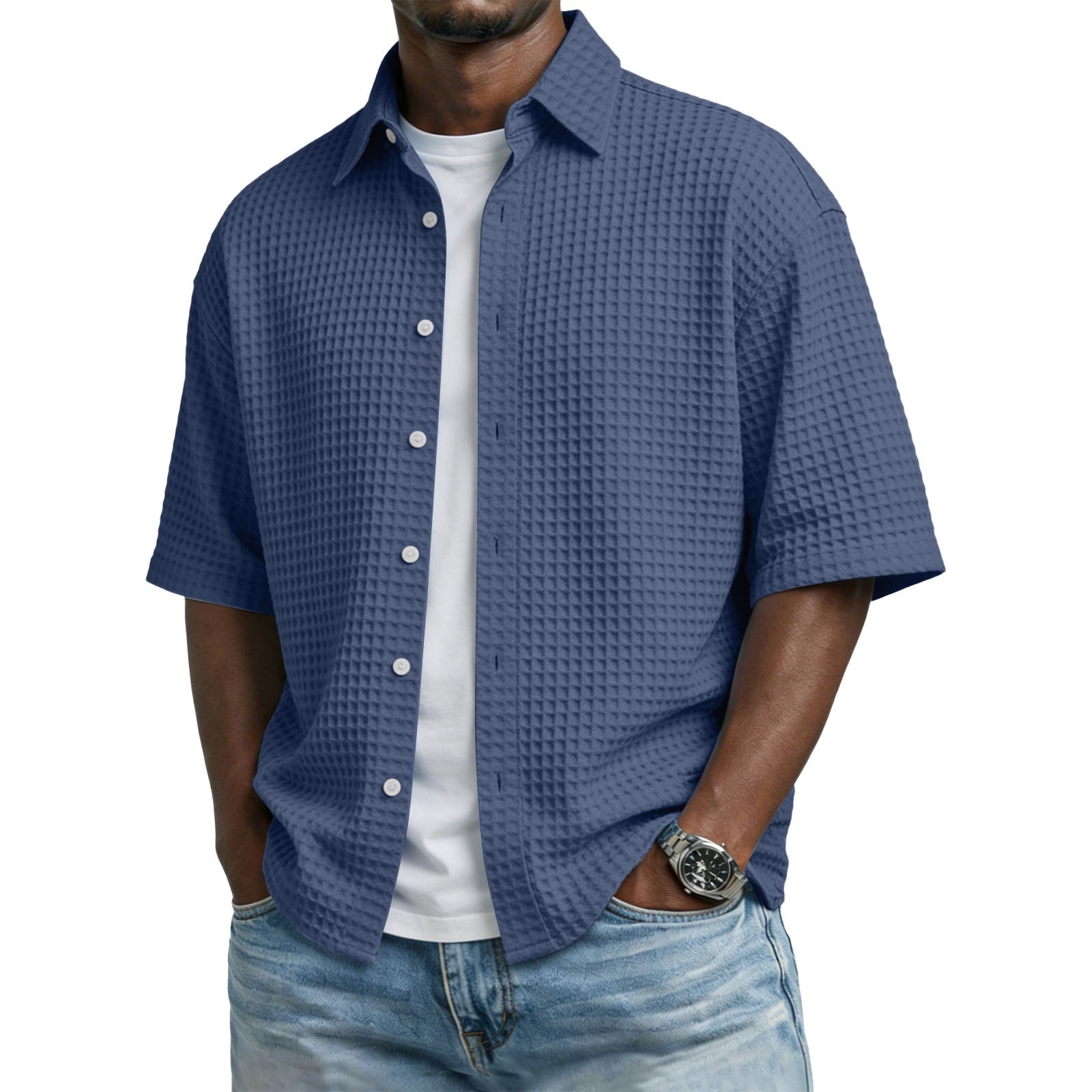 The Waffle Polo – Men's Lapel Collar Waffle-Weave Short Sleeve Shirt - Undefyning Lynes