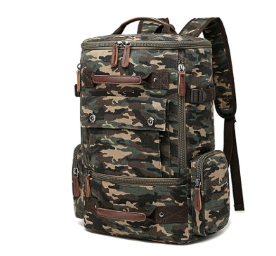 Undefyning Lynes vintage camo washed canvas laptop backpack with microfiber leather trim and multiple zip pockets.