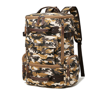 Undefyning Lynes vintage camouflage washed canvas laptop backpack with brown microfiber leather trim and zip pockets