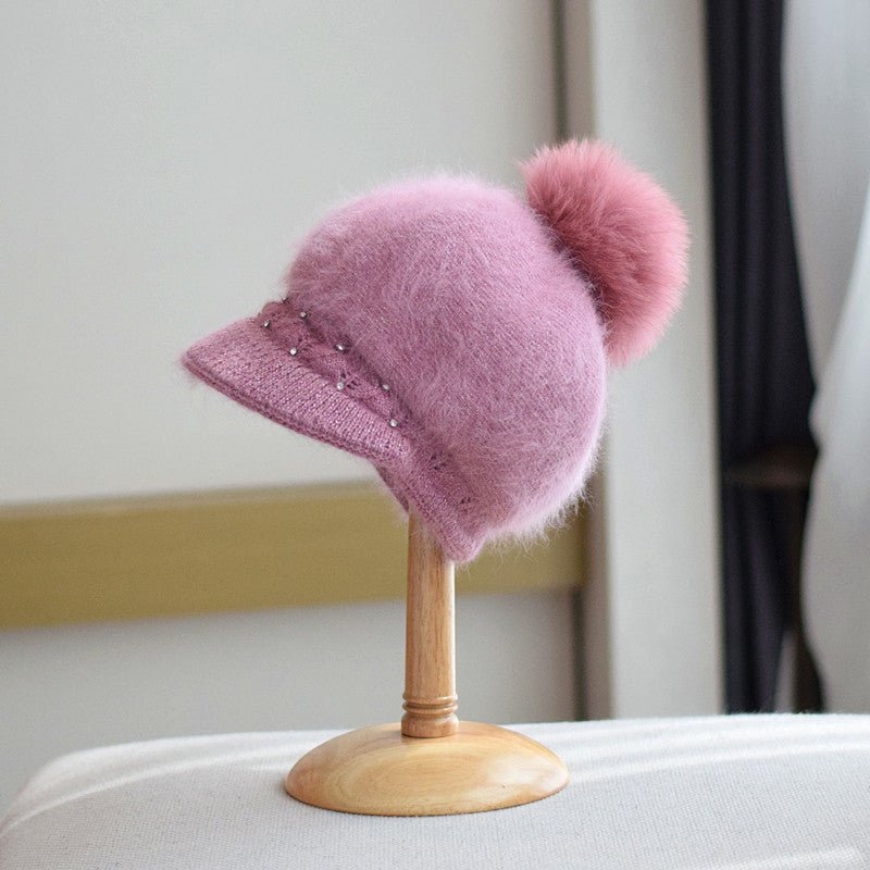 Undefyning Lynes Fox Fur Ball Knit Cap — Women's Rabbit Fur Peaked Hat - Undefyning Lynes