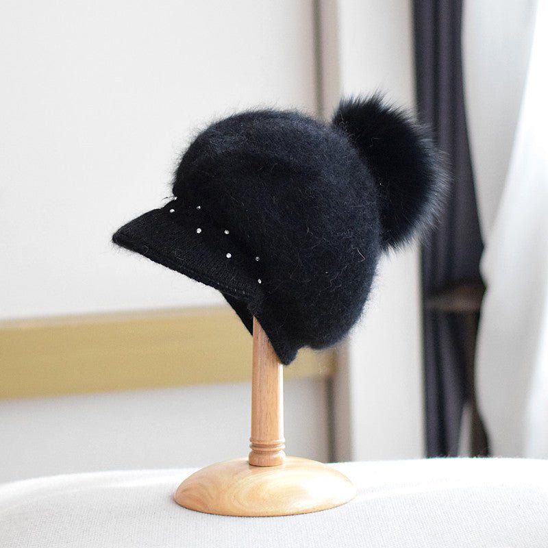Undefyning Lynes Fox Fur Ball Knit Cap — Women's Rabbit Fur Peaked Hat - Undefyning Lynes