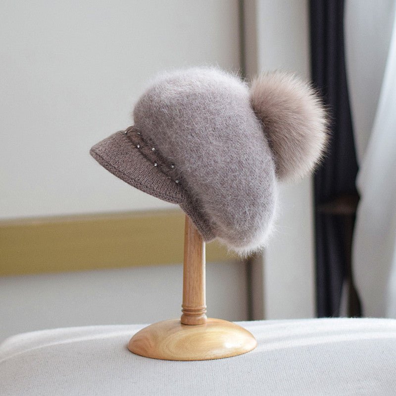 Undefyning Lynes Fox Fur Ball Knit Cap — Women's Rabbit Fur Peaked Hat - Undefyning Lynes