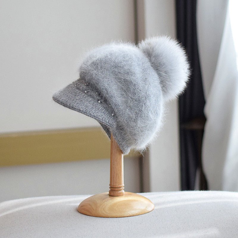 Undefyning Lynes Fox Fur Ball Knit Cap — Women's Rabbit Fur Peaked Hat - Undefyning Lynes