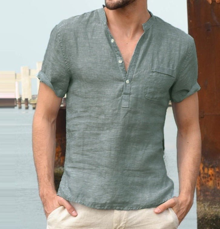 Undefyning Lynes Men's Breezy Linen-Blend V-Neck Summer Beach Shirt - Undefyning Lynes