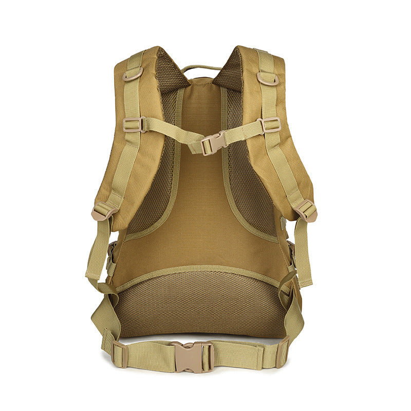 Undefyning Lynes tan tactical backpack showing the breathable mesh back panel, padded shoulder straps, and waist belt.