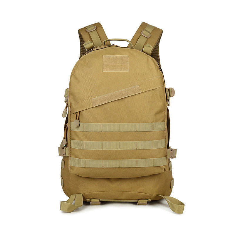 Undefyning Lynes tan tactical backpack with MOLLE webbing, water-resistant fabric, and adjustable padded straps.