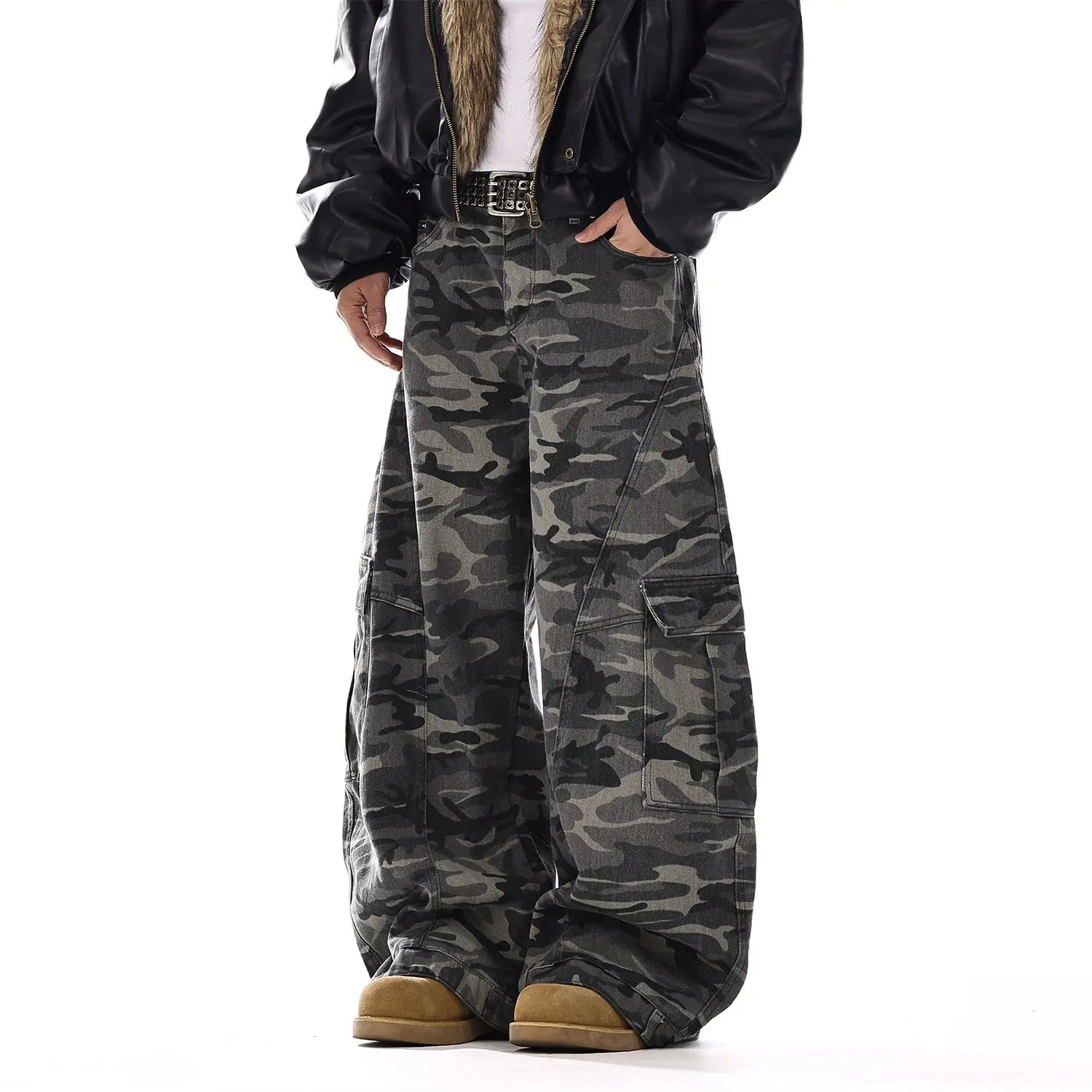 Vintage Camouflage Machete-Cut Denim Jeans - Rugged Men's Streetwear - Undefyning Lynes