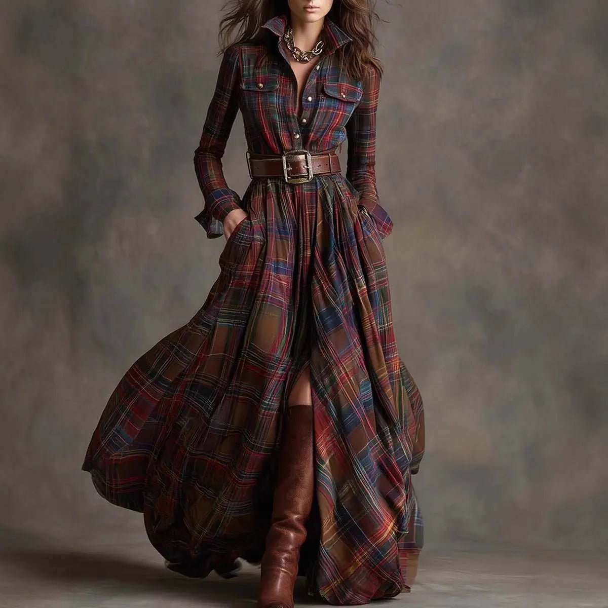 Vintage-Inspired Plaid Shirt Dress – Effortless Style with Pockets - Undefyning Lynes