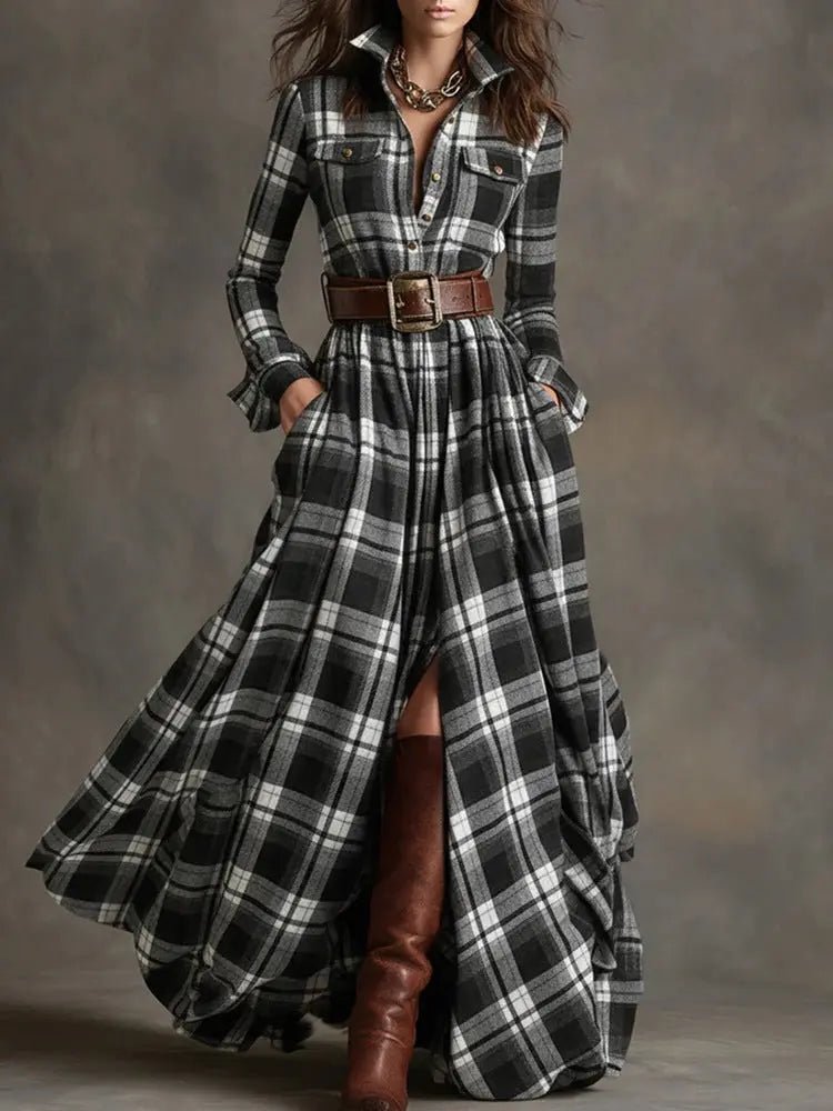 Vintage-Inspired Plaid Shirt Dress – Effortless Style with Pockets - Undefyning Lynes