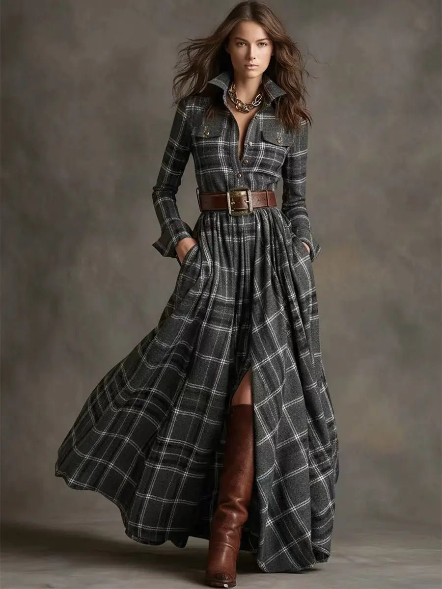 Vintage-Inspired Plaid Shirt Dress – Effortless Style with Pockets - Undefyning Lynes