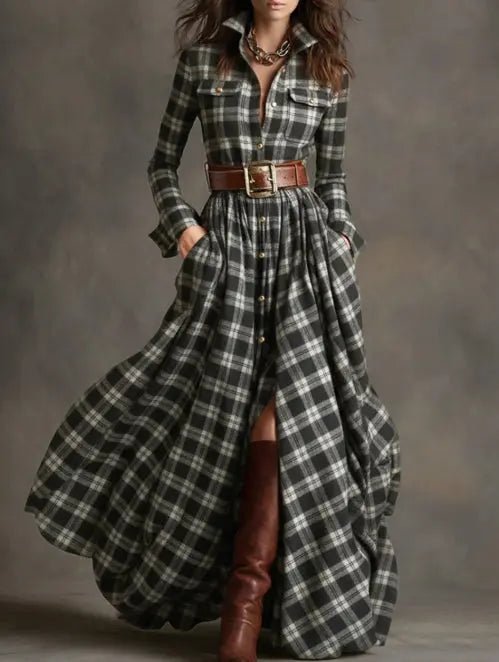 Vintage-Inspired Plaid Shirt Dress – Effortless Style with Pockets - Undefyning Lynes