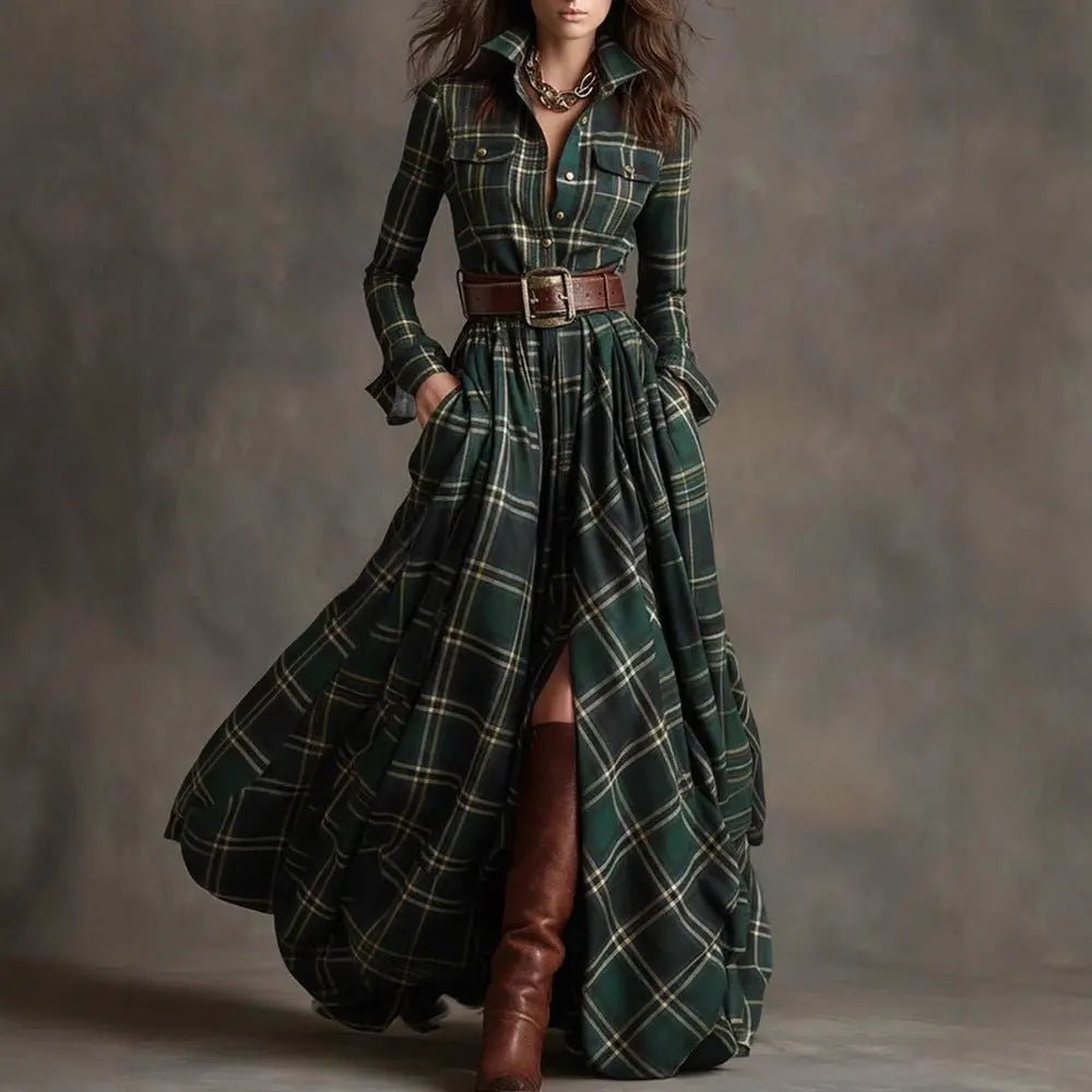 Vintage-Inspired Plaid Shirt Dress – Effortless Style with Pockets - Undefyning Lynes