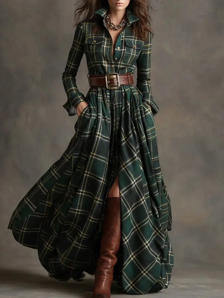 Vintage-Inspired Plaid Shirt Dress – Effortless Style with Pockets - Undefyning Lynes