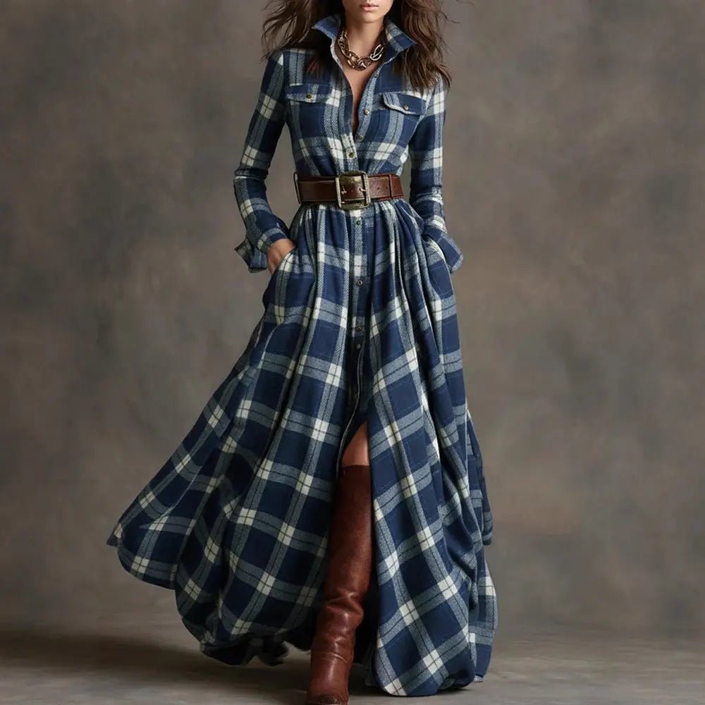 Vintage-Inspired Plaid Shirt Dress – Effortless Style with Pockets - Undefyning Lynes