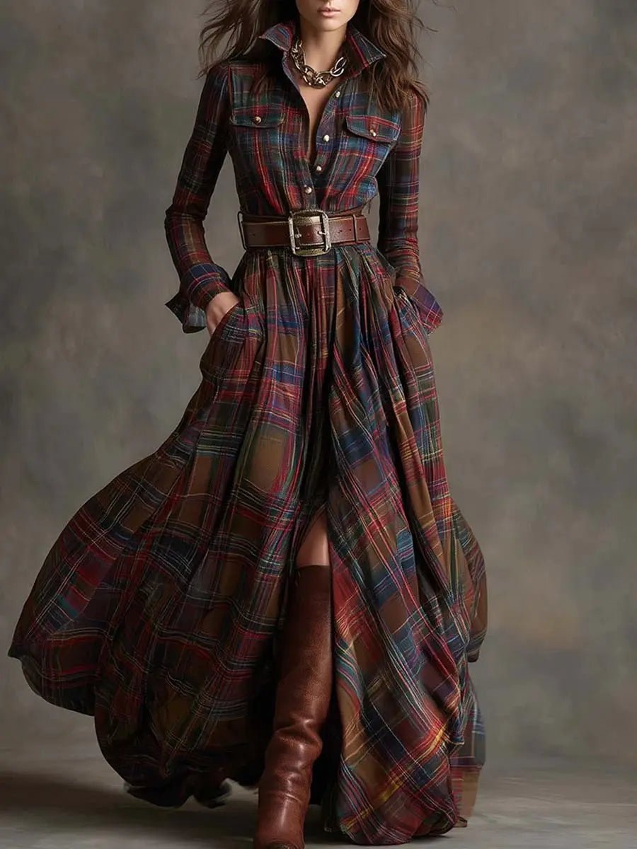 Vintage-Inspired Plaid Shirt Dress – Effortless Style with Pockets - Undefyning Lynes