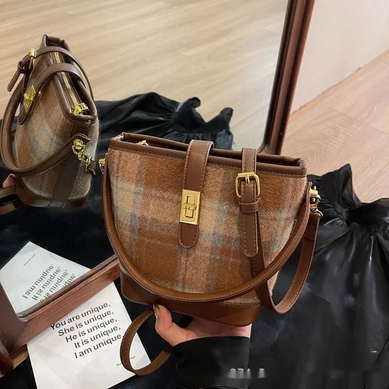 Vintage Suede Plaid Bucket Bag - Effortless Korean-Style Chic - Undefyning Lynes