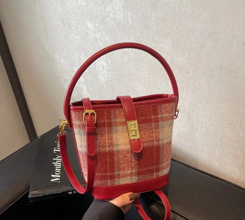 Vintage Suede Plaid Bucket Bag - Effortless Korean-Style Chic - Undefyning Lynes