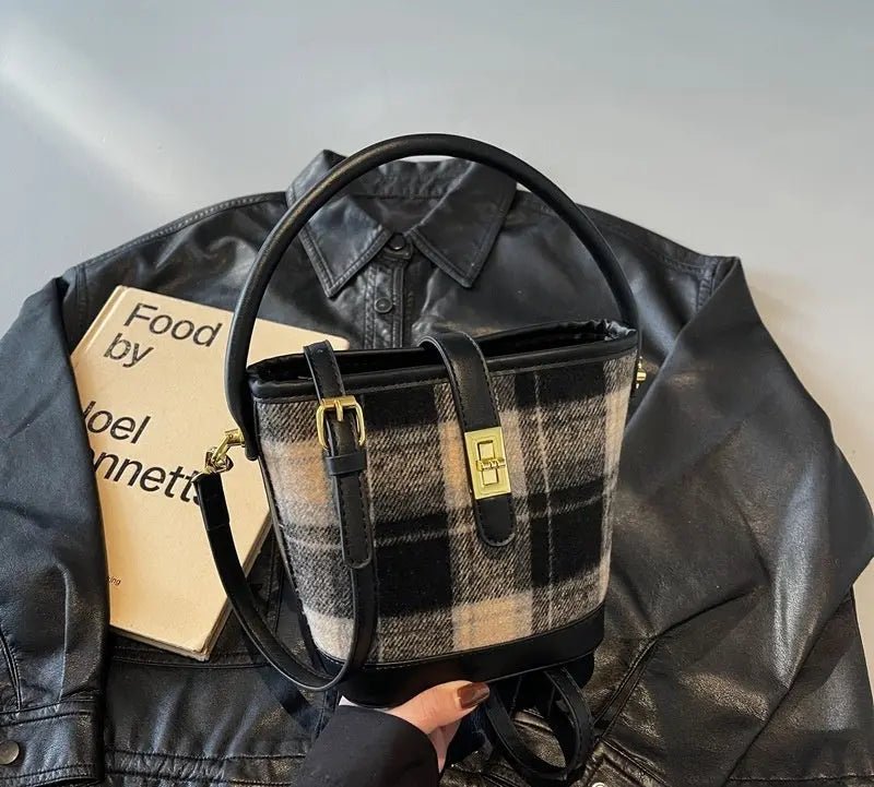Vintage Suede Plaid Bucket Bag - Effortless Korean-Style Chic - Undefyning Lynes