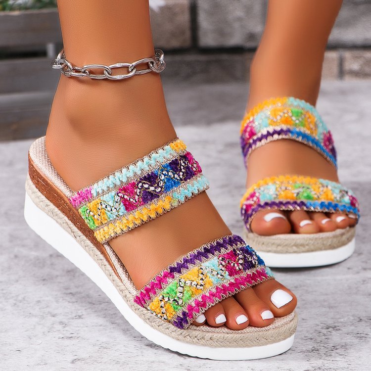 Wavy Pattern Woven Wedge Sandals – Women's Ethnic Style Linen Platform Slippers - Undefyning Lynes