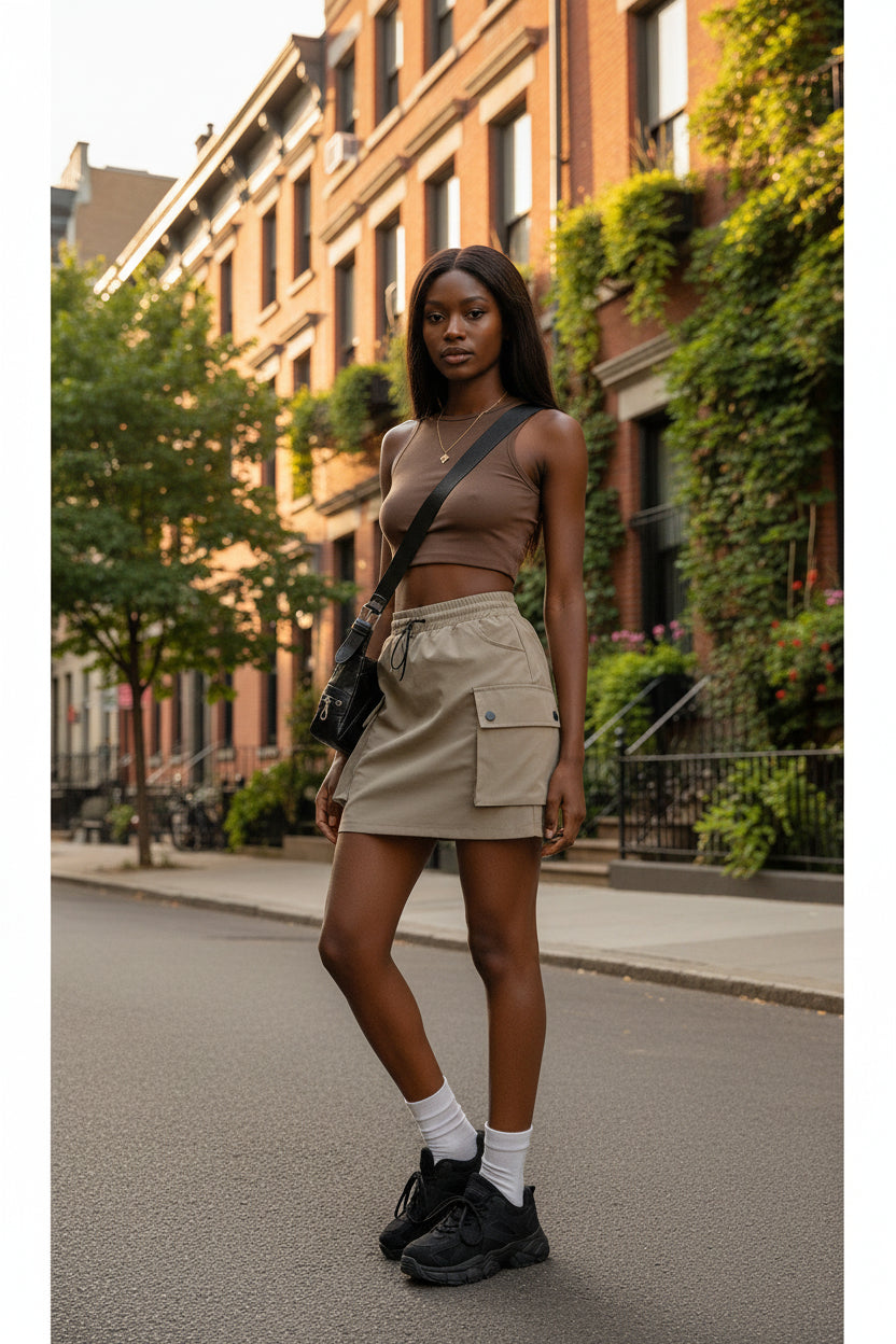 Women's Cargo Mini Skirt — Drawstring A-Line with Pockets - Undefyning Lynes