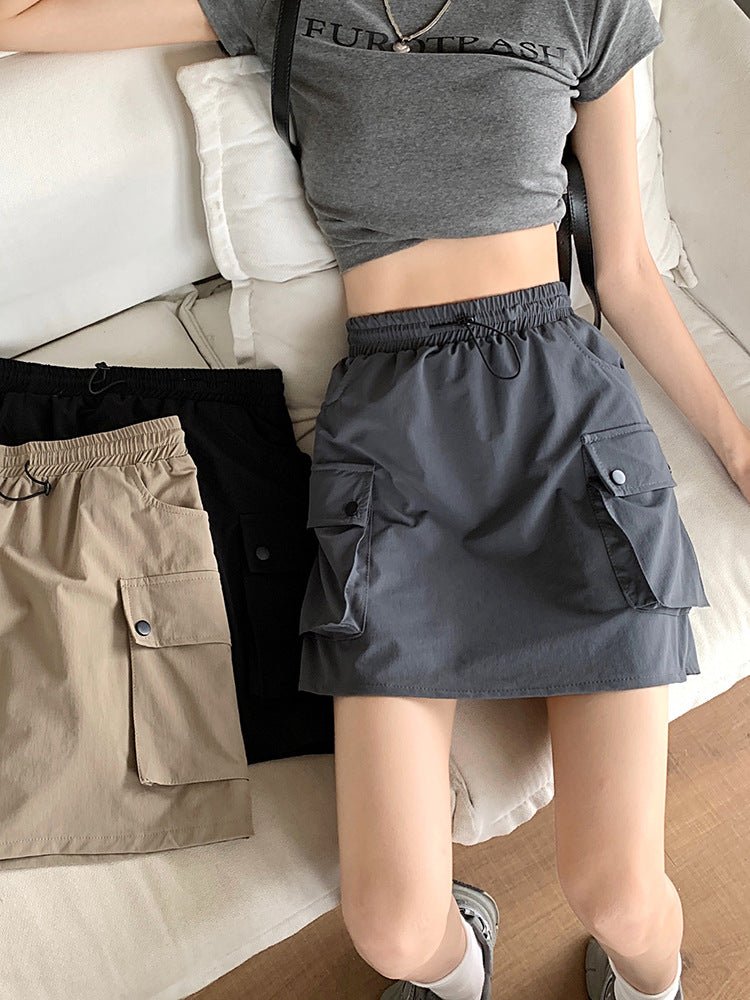 Women's Cargo Mini Skirt — Drawstring A-Line with Pockets - Undefyning Lynes